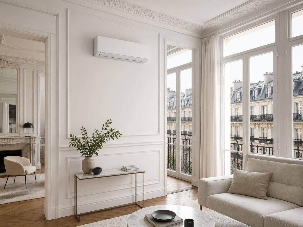 Diffuseur de climatisation discret installé dans un appartement haussmannien